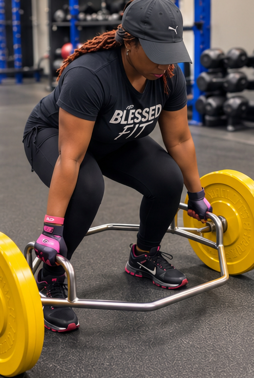 Anna lifting a hex bar in the gym