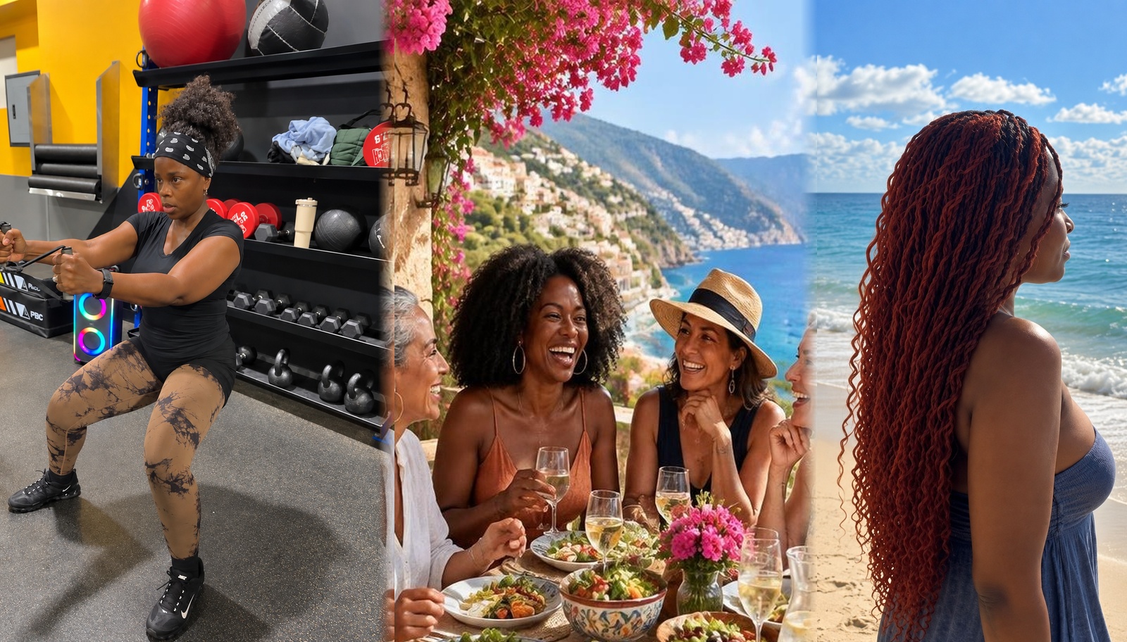 Women in midlife enjoying fitness, healthy food, friendship, and travel
